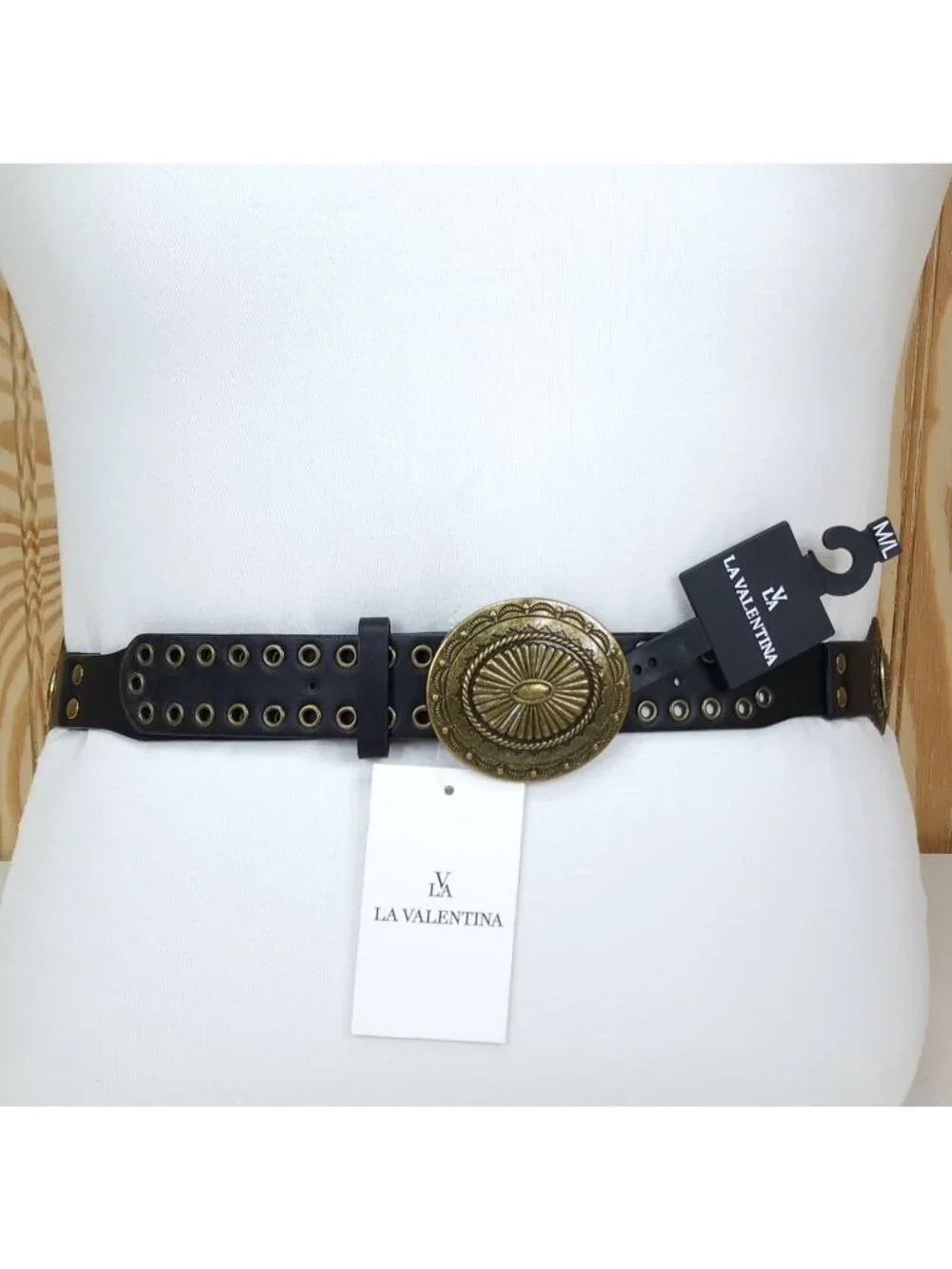 La Valentina Womens Black Belt M/L With Brass Buckle & Eyelets 1 7/8